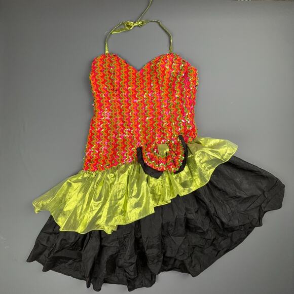 Vintage Loralie Original Sequin Halter Dress 10 Pink Lime Black Ruffle Party - Picture 1 of 11